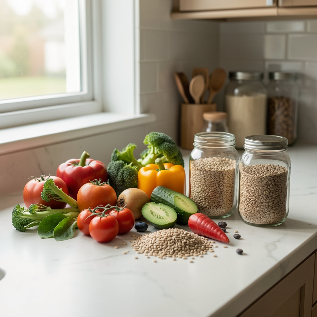 A kitchen counter with seasonal vegetables and whole grains arranged in a relaxed composition under natural daylight from a nearby window