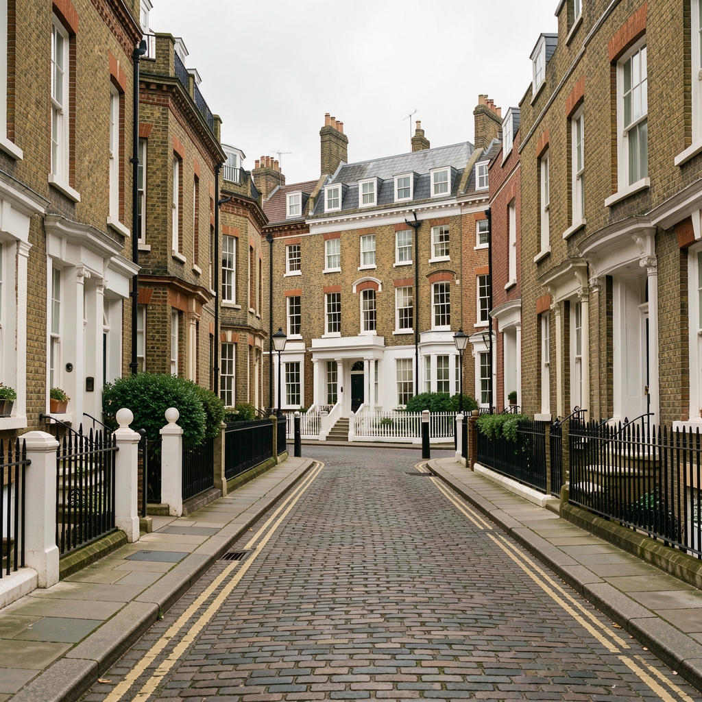 Exterior view of a Bloomsbury street in London in soft overcast daylight, historic terrace architecture in the background, quiet urban setting
