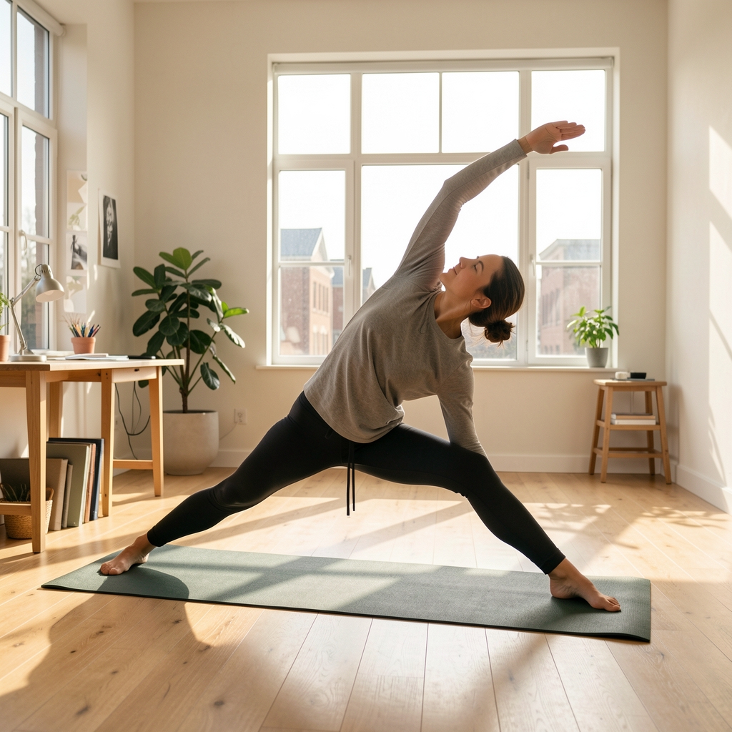 A person stretching in a sunlit studio space with natural wood flooring and large windows, active lifestyle photography in a quiet workspace