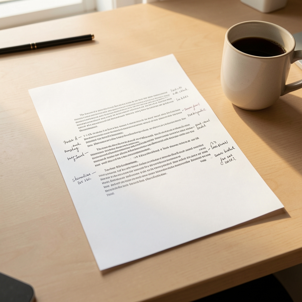 Open books and printed research papers arranged on a large editorial desk, overhead view in a quiet workplace under controlled studio lighting